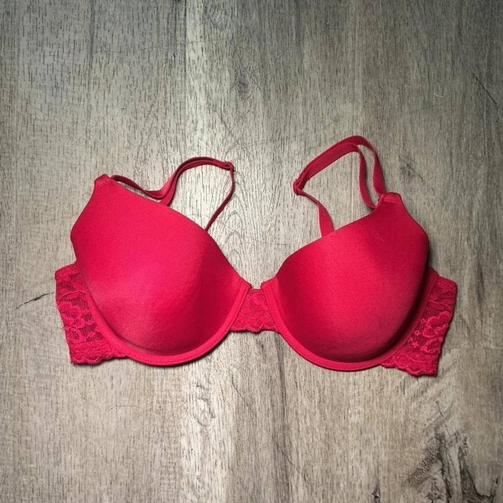 Red Lace Push Up Underwire Bra Size 36C Padded Adjustable Straps Lingerie
